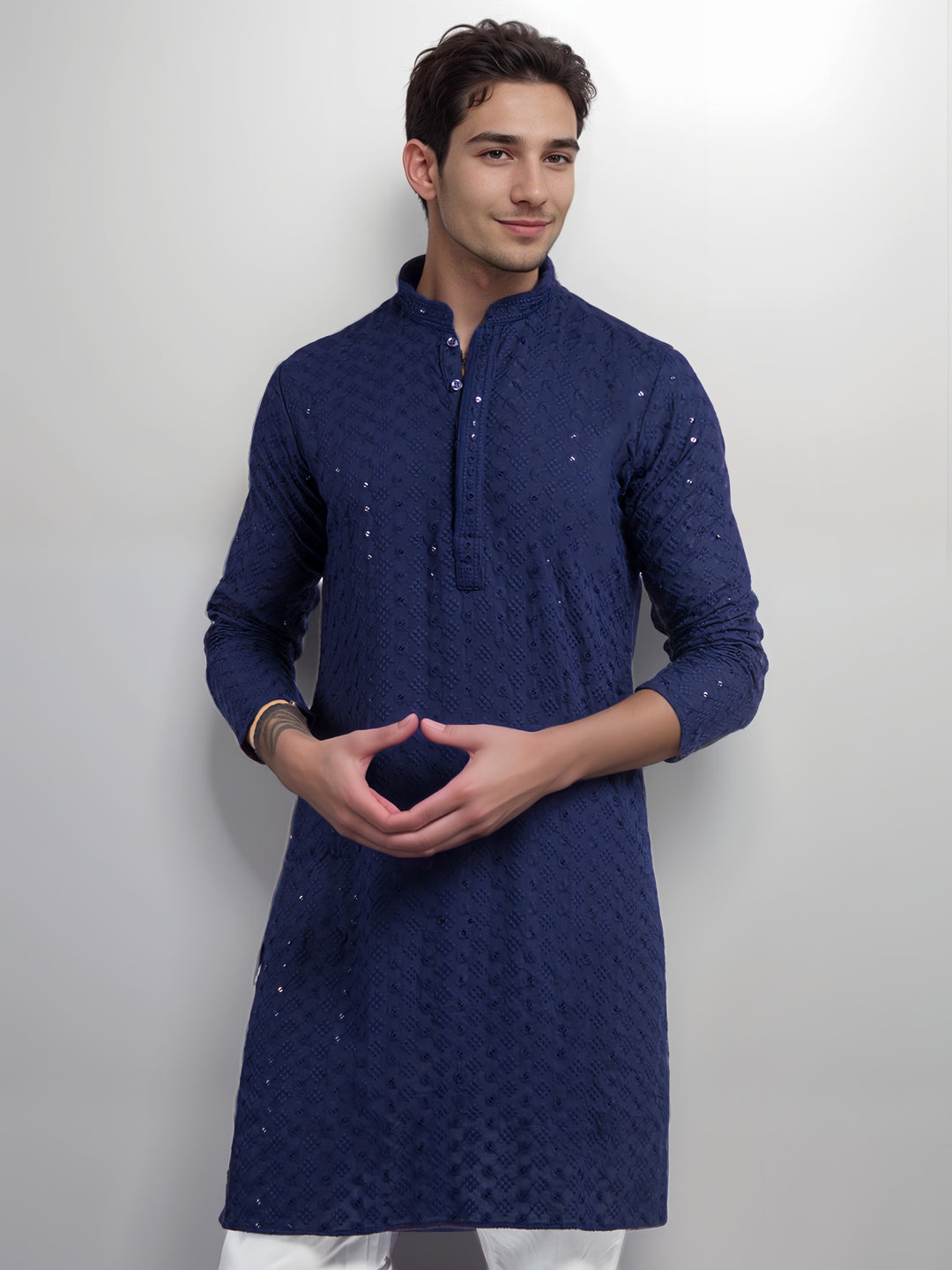 Mens Navy Blue Chikankari Kurta