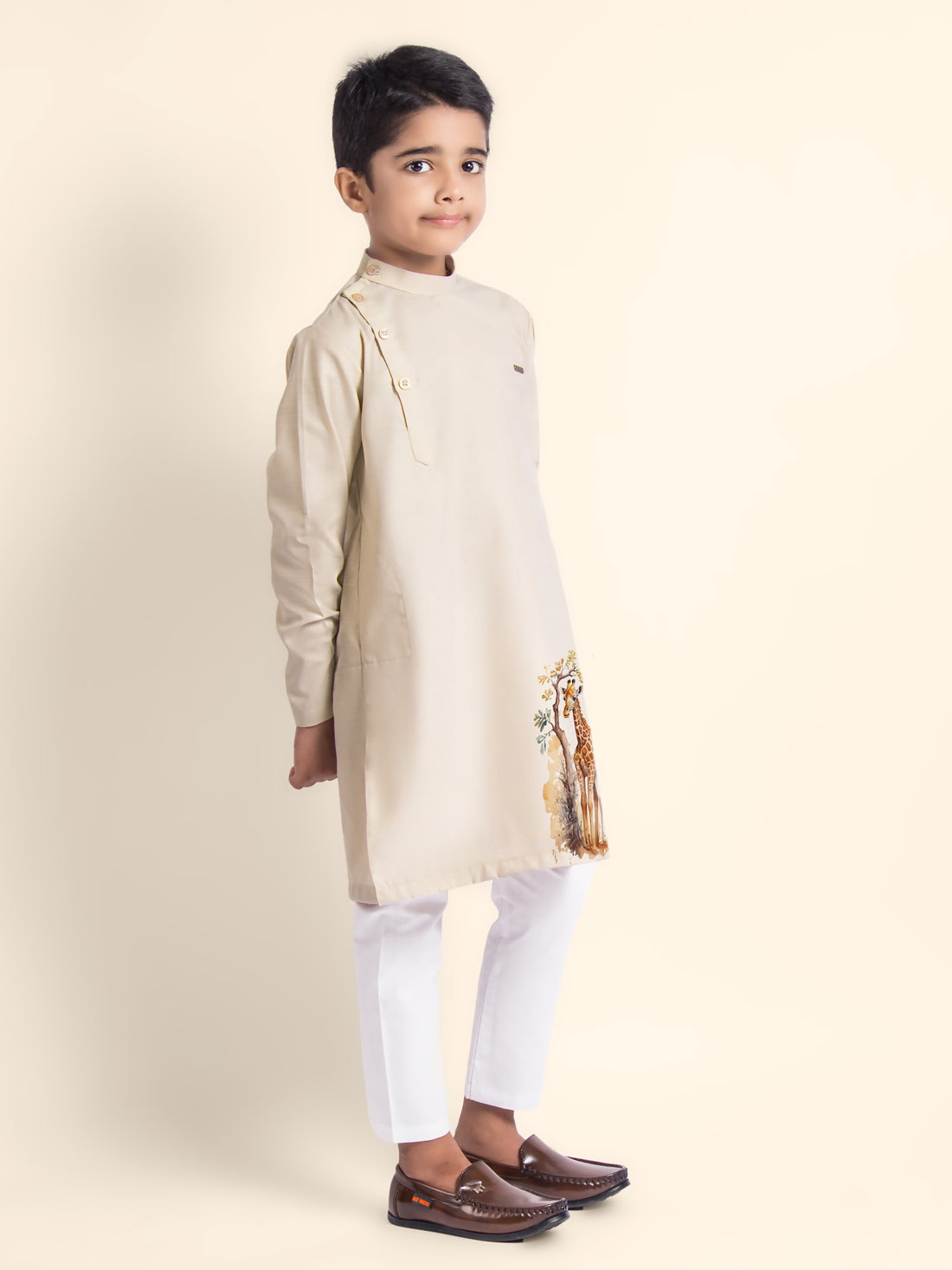 Boys Beige Kurta with Print