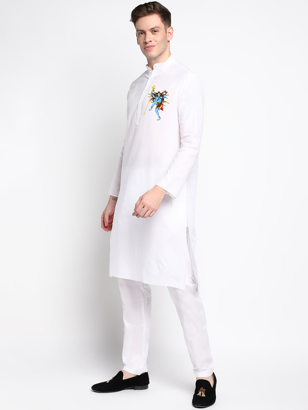 Mens White Printed Kurta