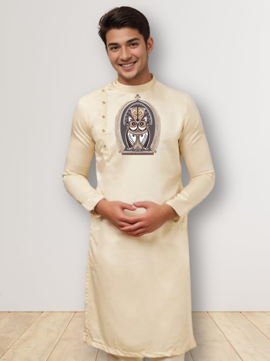 Men's Beige Cotton Kurta With Print