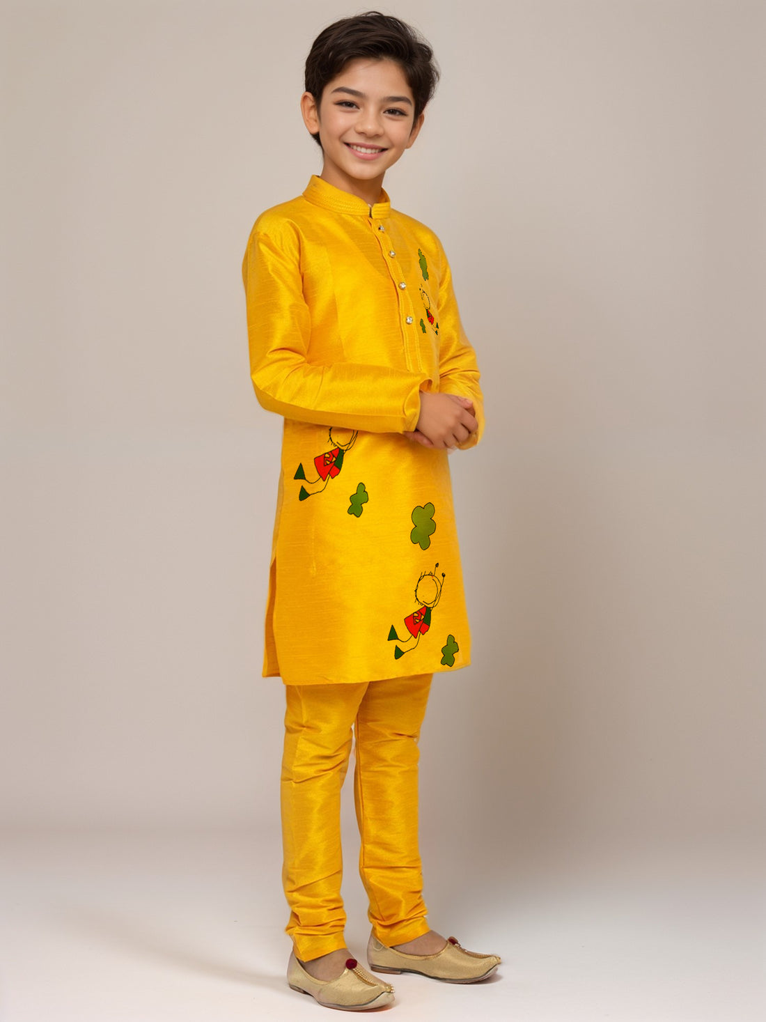 Boys Mustard Printed Dupion Silk Kurta