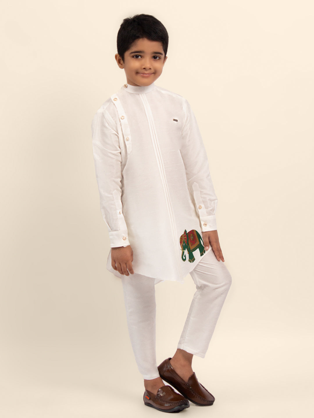 Boys White Dupion Silk Kurta with Print