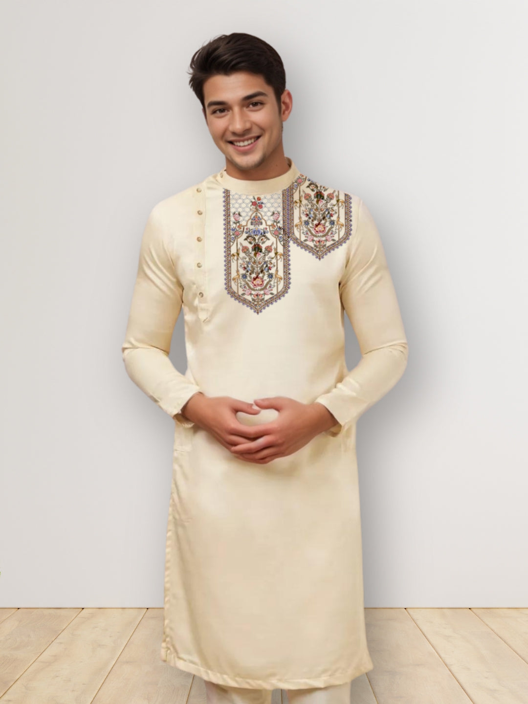 Men's Beige Cotton Kurta With Print