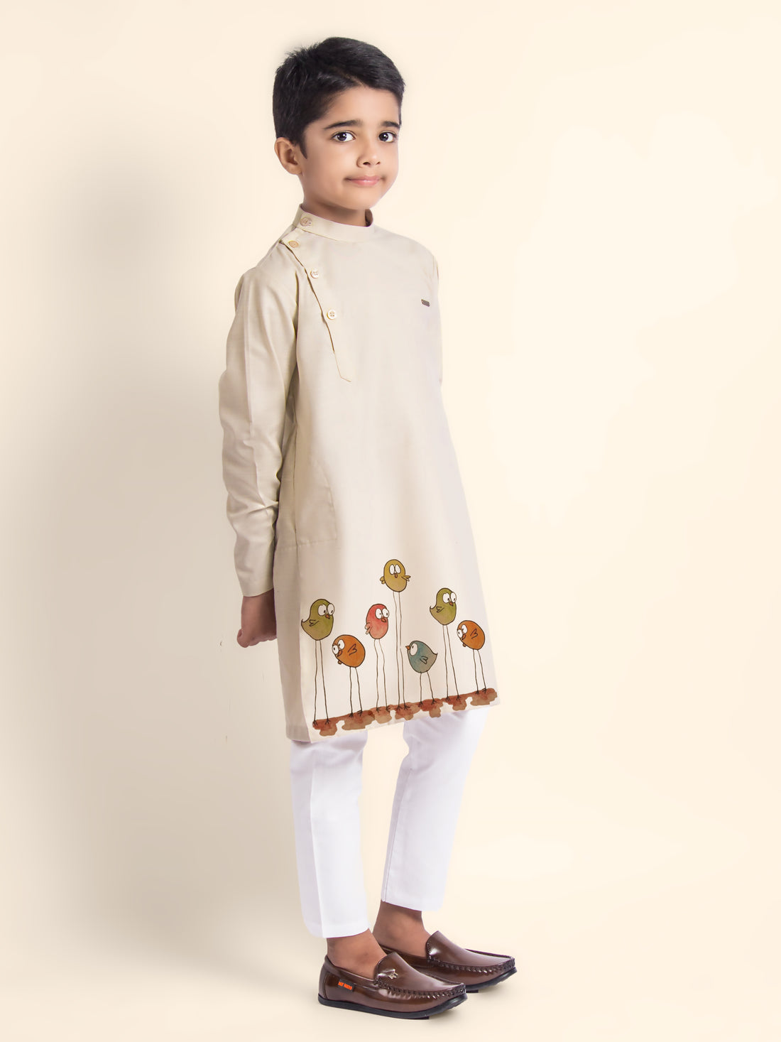 Boys Beige Kurta with Print