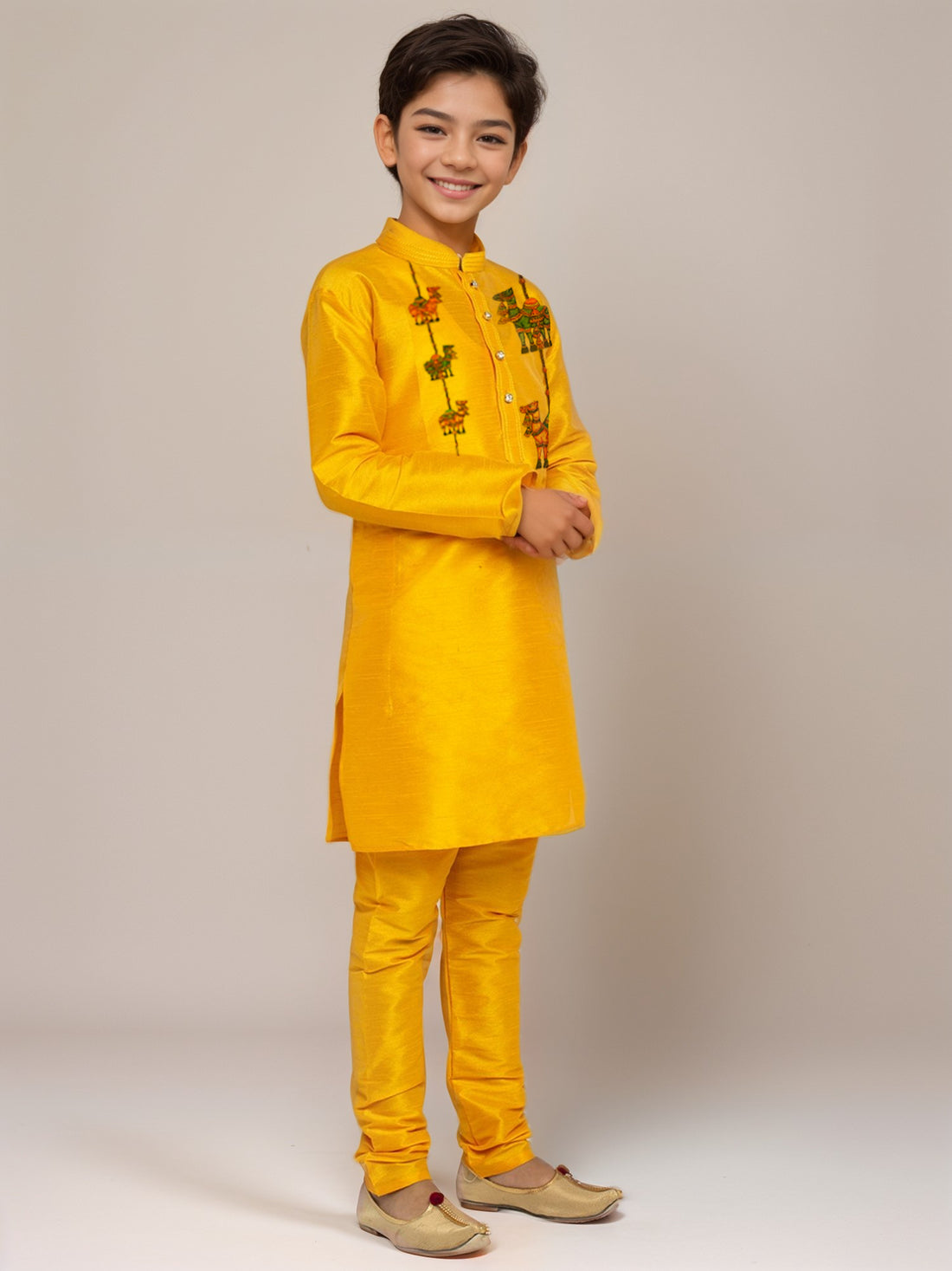 Boys Mustard Printed Dupion Silk Kurta