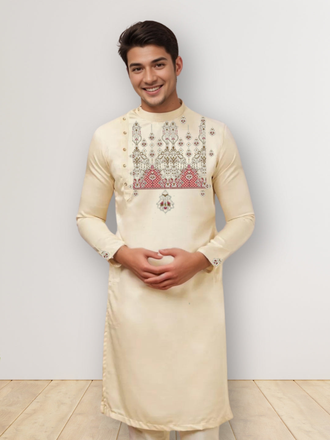 Men's Beige Cotton Kurta With Print