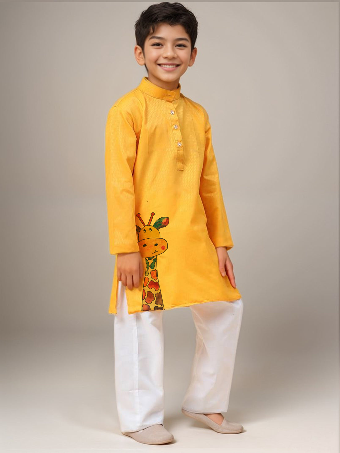 Boys Yellow Cotton Kurta with Print