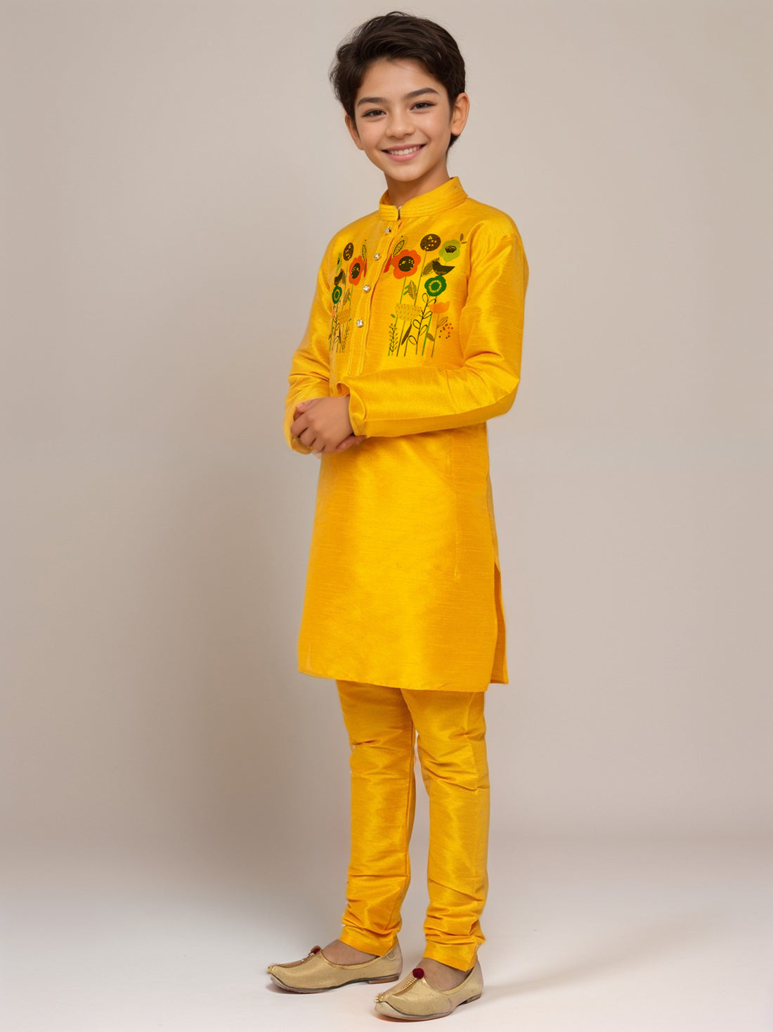 Boys Mustard Printed Dupion Silk Kurta