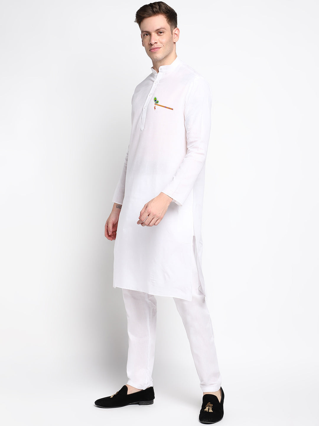 Mens White Printed Kurta