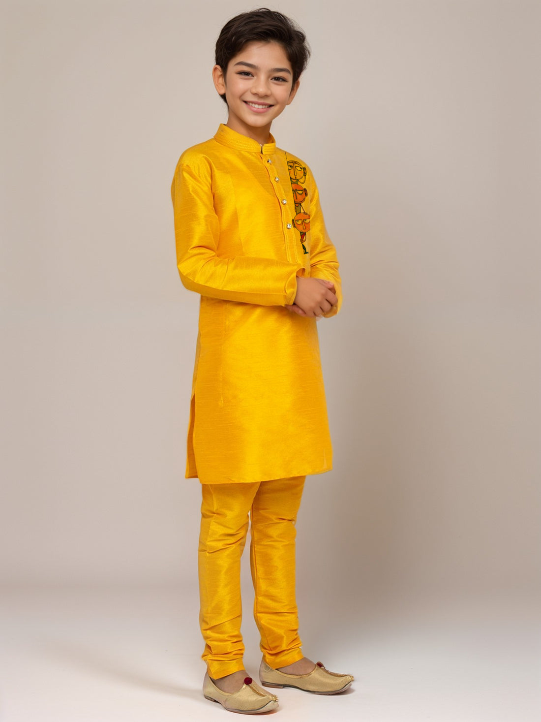 Boys Mustard Printed Dupion Silk Kurta