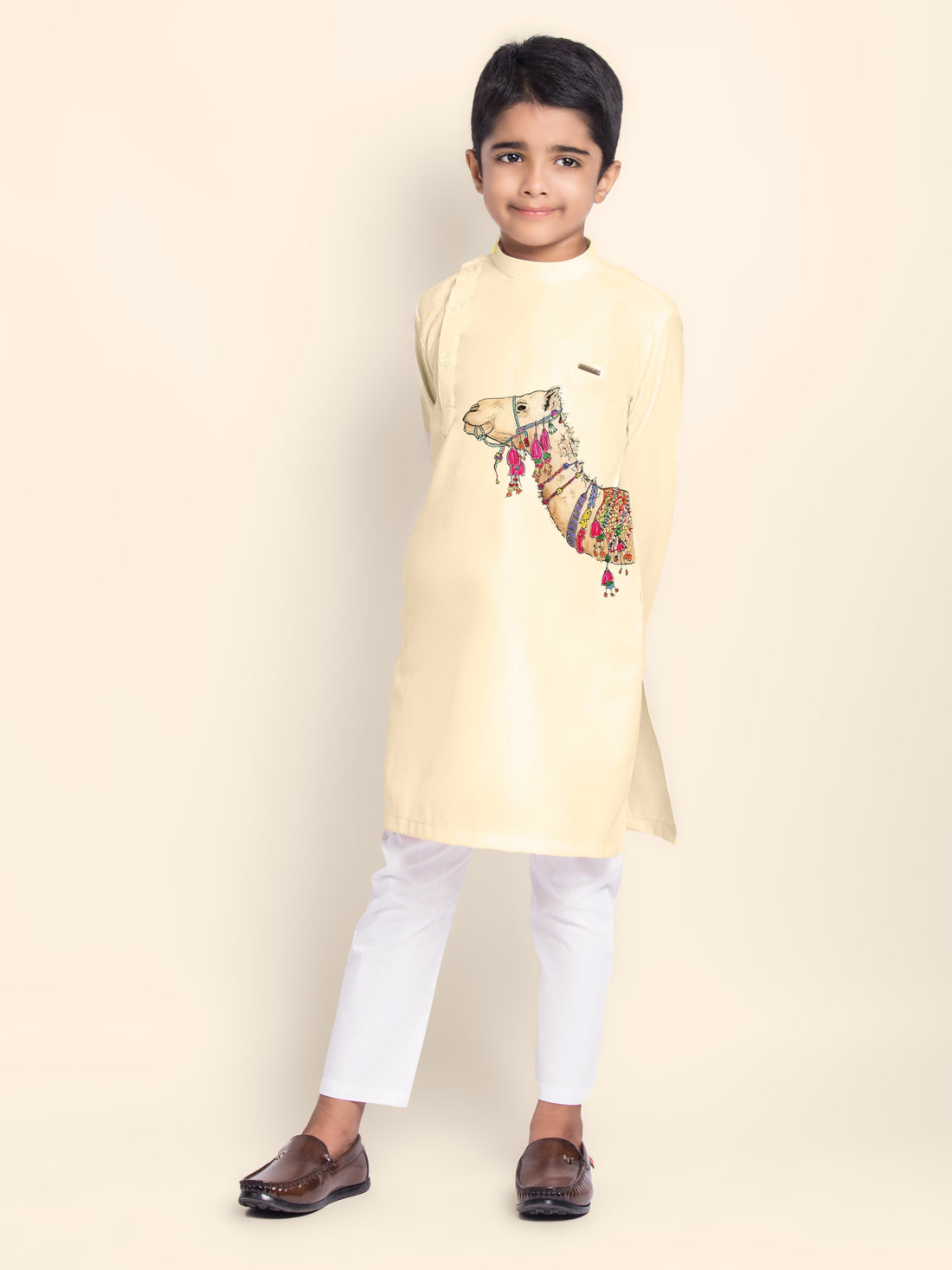 Boys Cream Kurta with Print