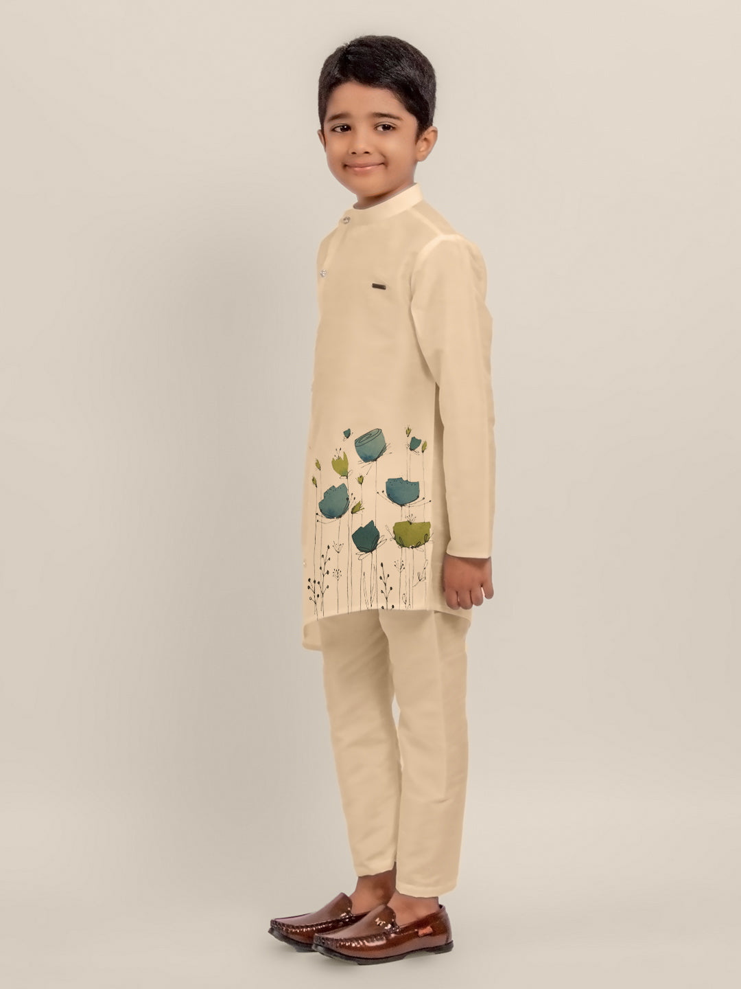 Boys Beige Printed Dupion Silk Kurta