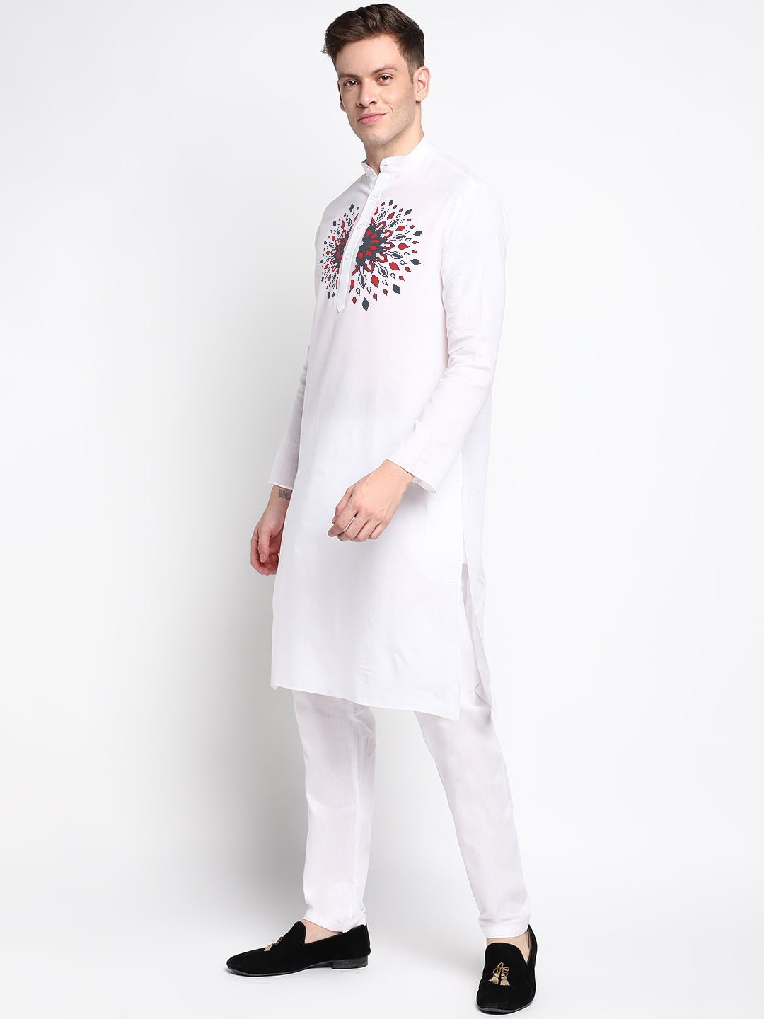 Mens White Printed Kurta