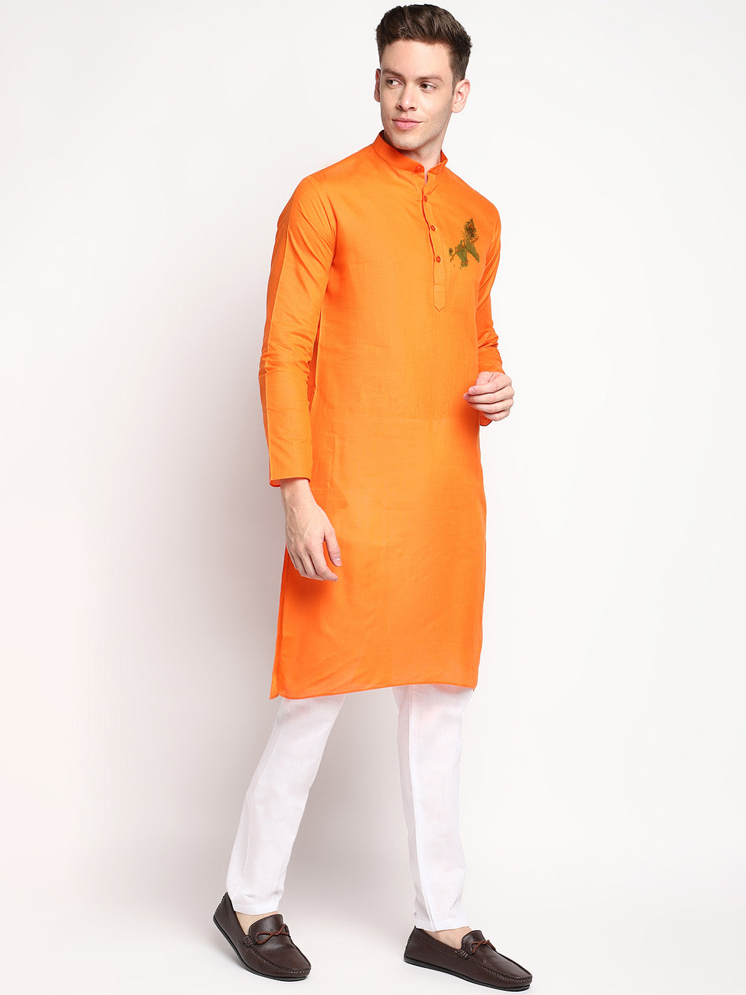 Mens Orange Printed Kurta