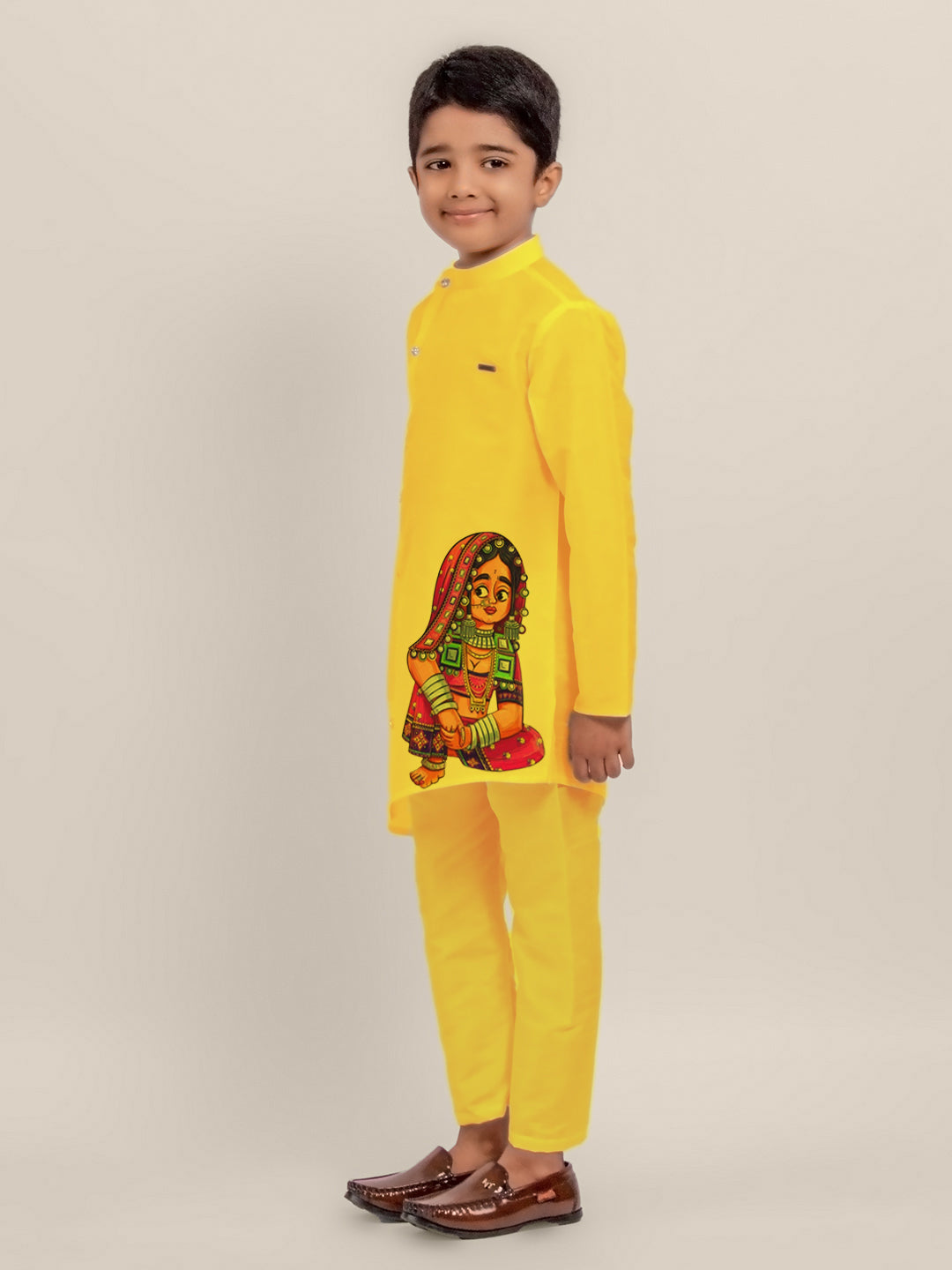 Boys Yellow Dupion Silk Kurta with Print