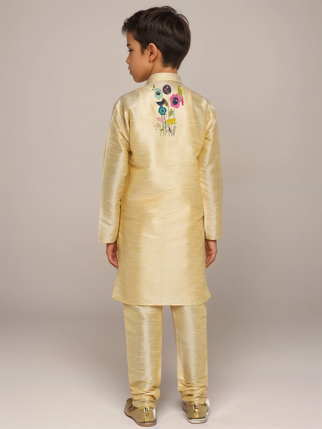 Boys Beige Printed Dupion Silk Kurta