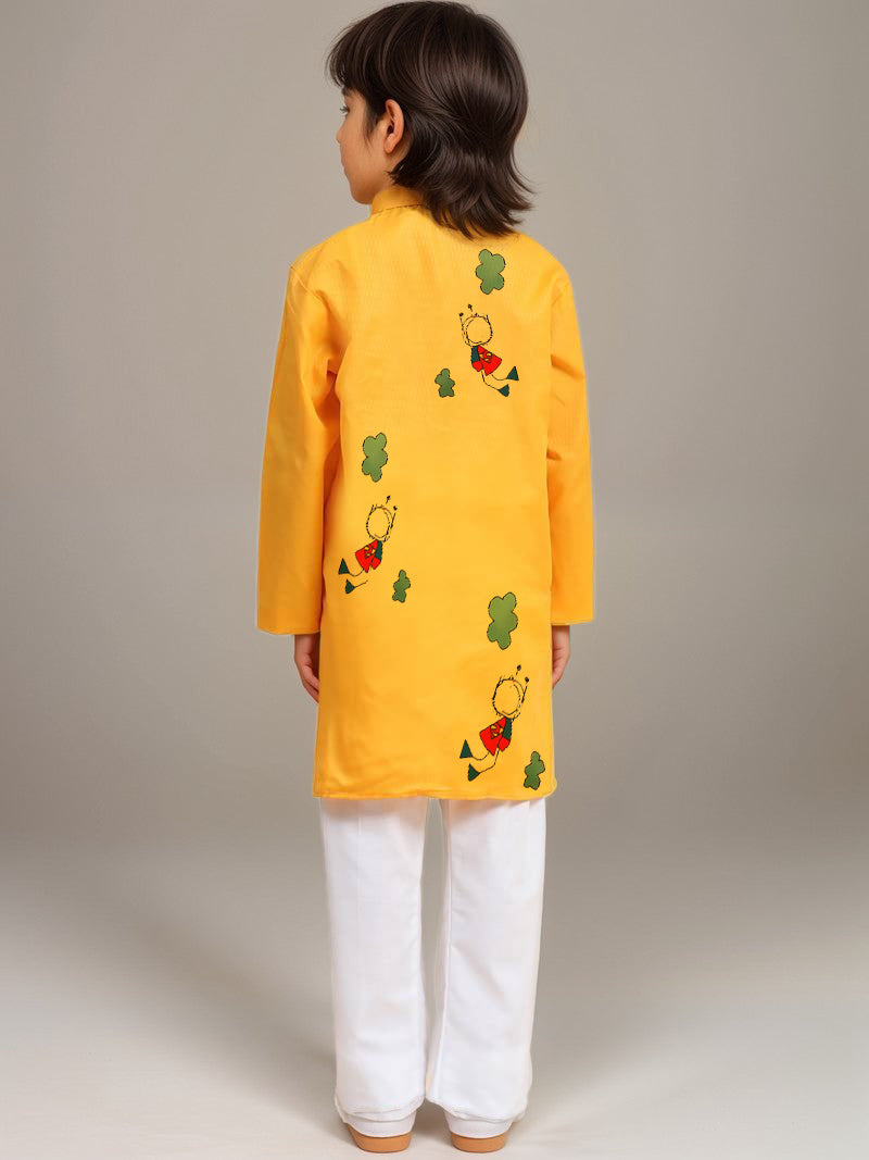 Boys Yellow Cotton Kurta with Print