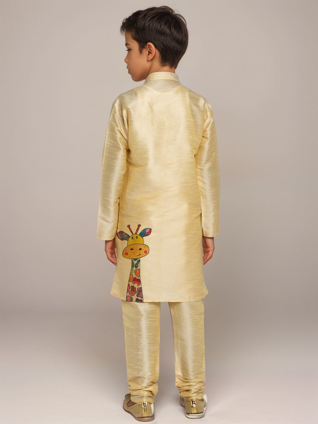 Boys Beige Printed Dupion Silk Kurta