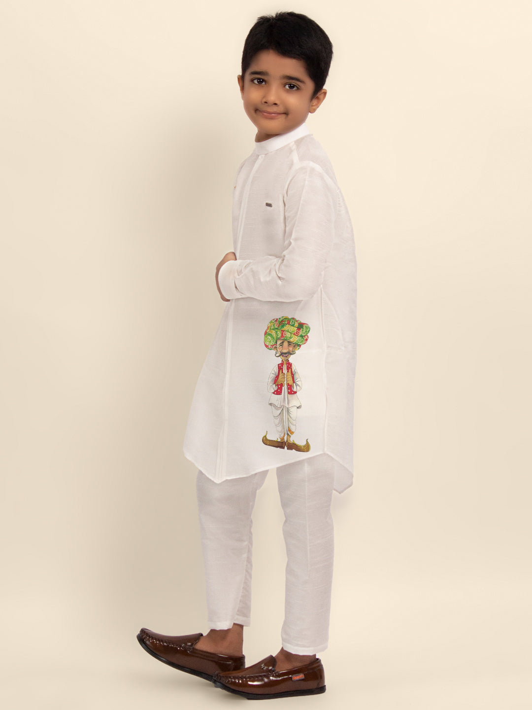 Boys White Dupion Silk Kurta with Print