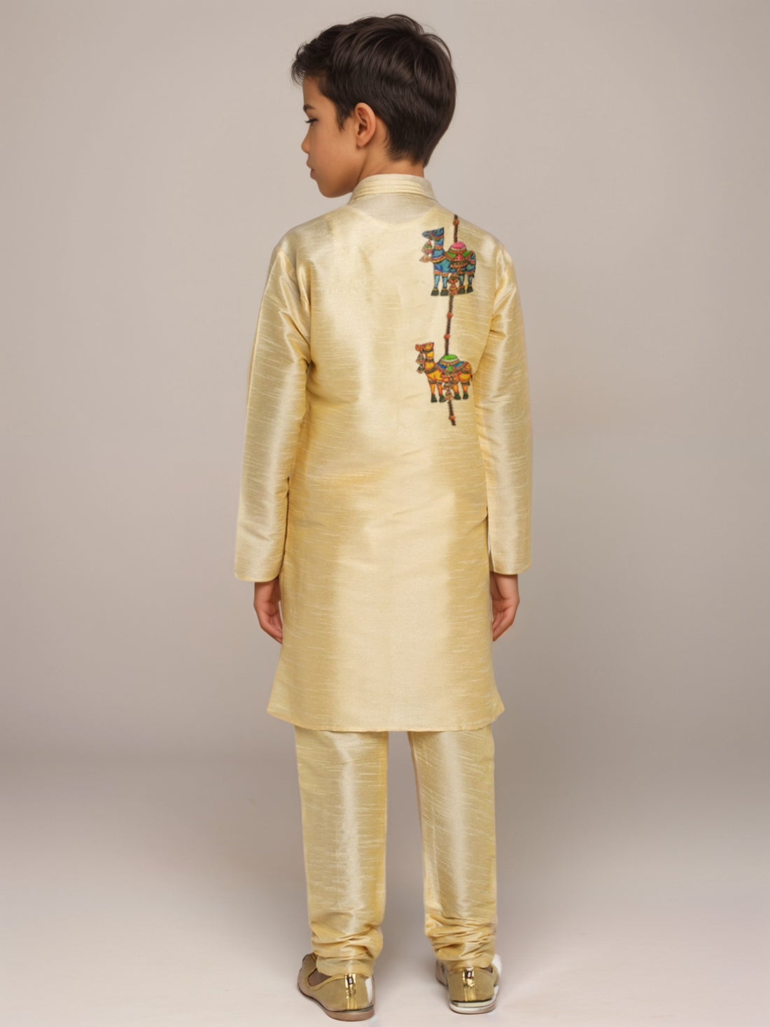 Boys Beige Printed Dupion Silk Kurta