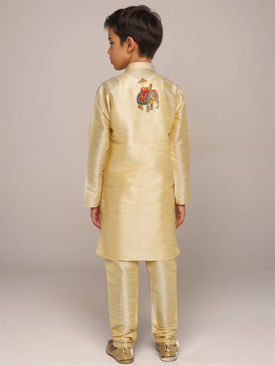 Boys Beige Printed Dupion Silk Kurta