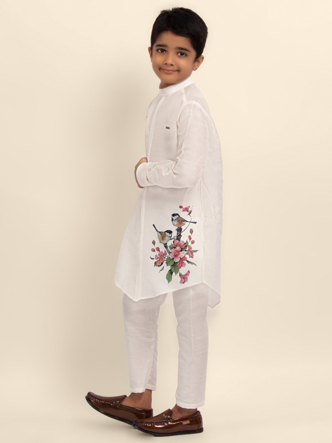 Boys White Dupion Silk Kurta with Print