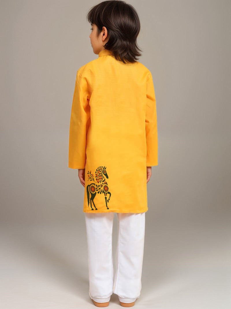 Boys Yellow Cotton Kurta with Print