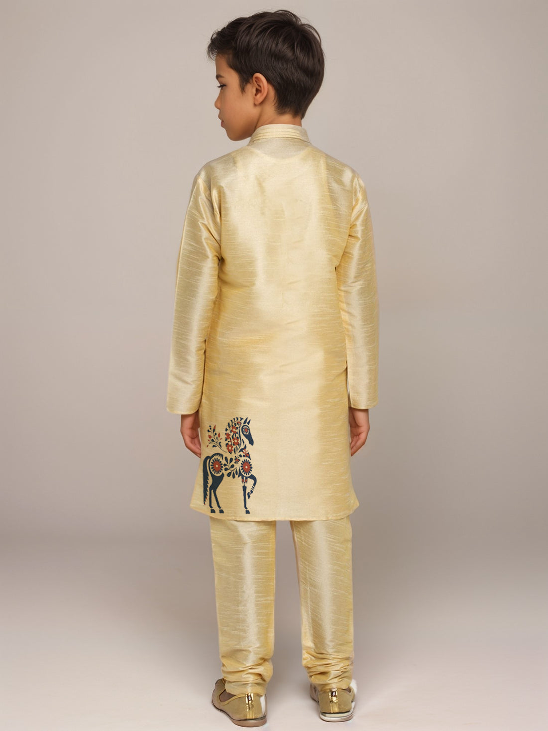 Boys Beige Printed Dupion Silk Kurta