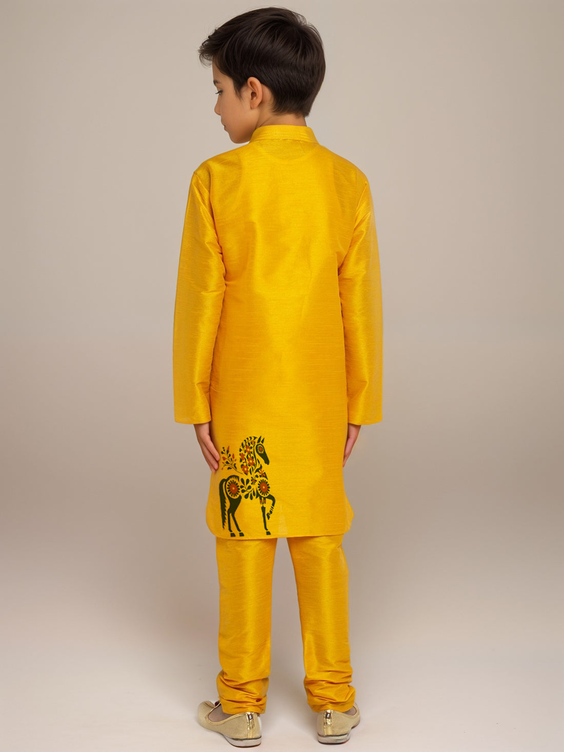 Boys Mustard Printed Dupion Silk Kurta