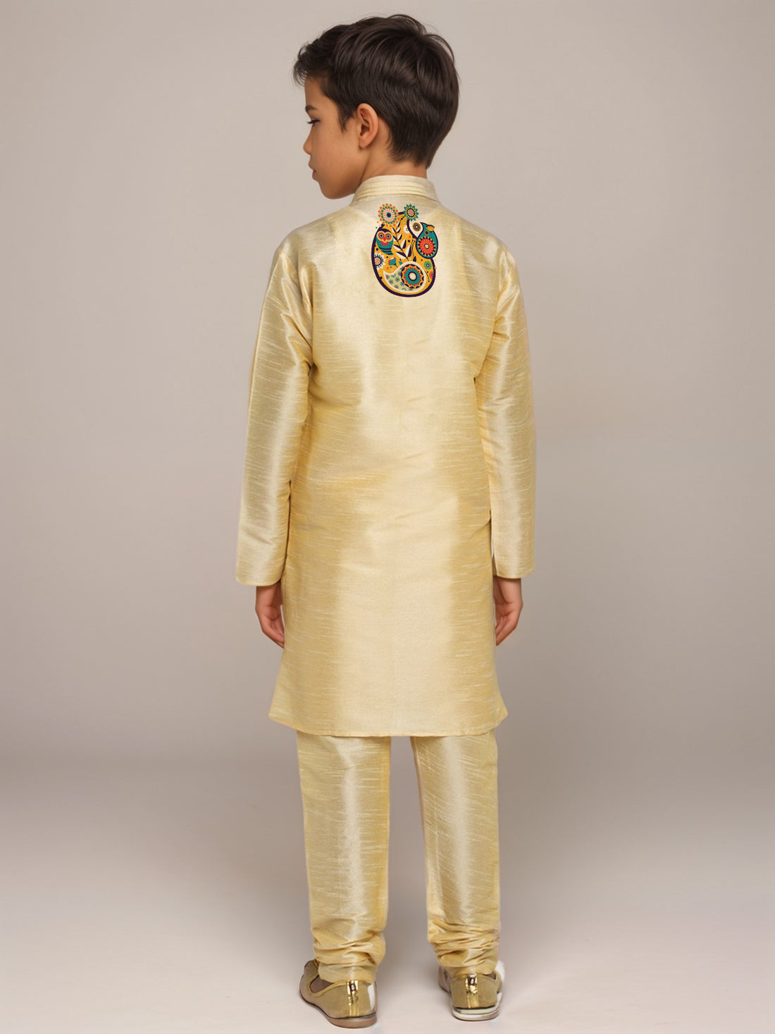 Boys Beige Printed Dupion Silk Kurta