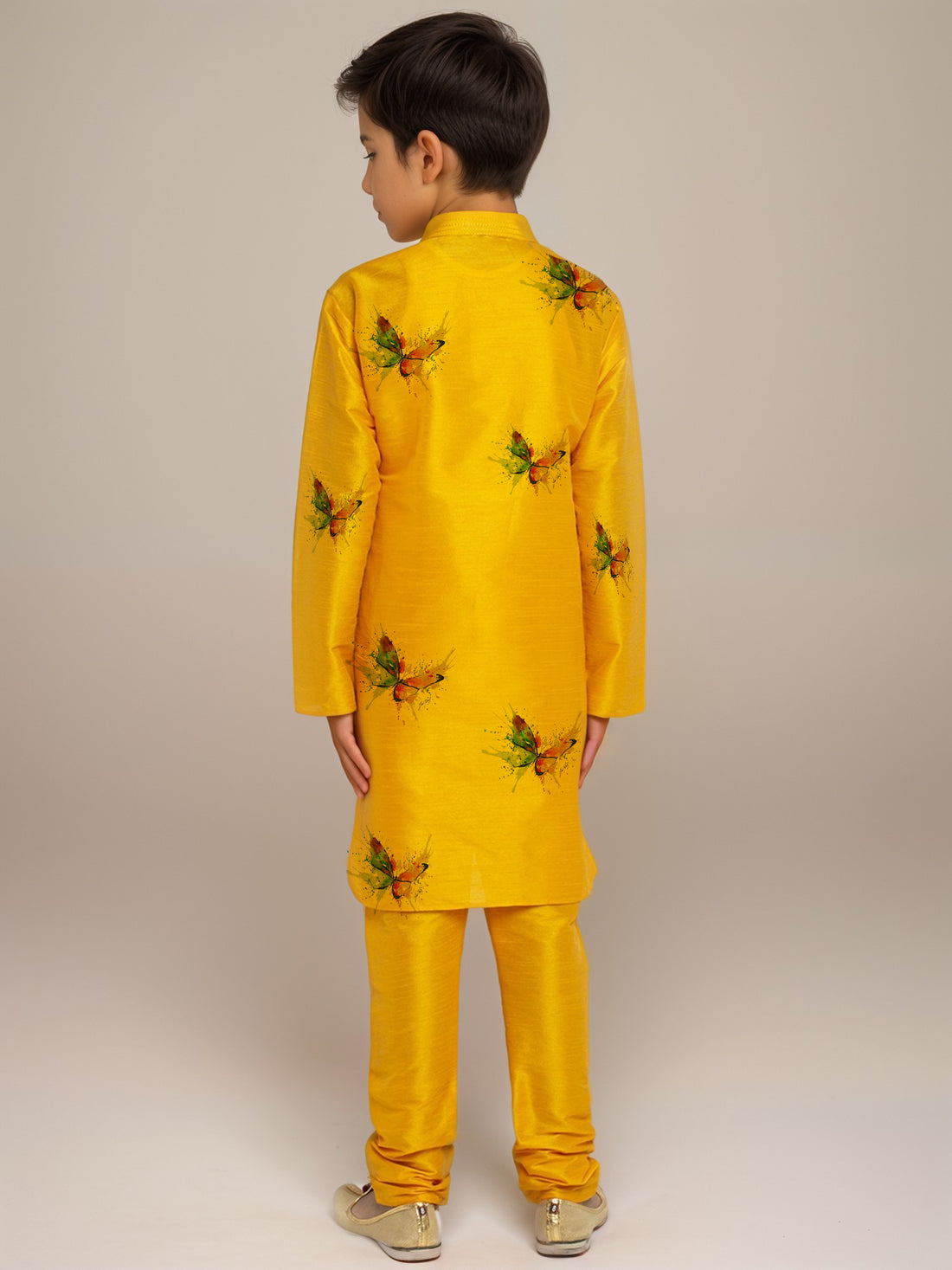 Boys Mustard Printed Dupion Silk Kurta