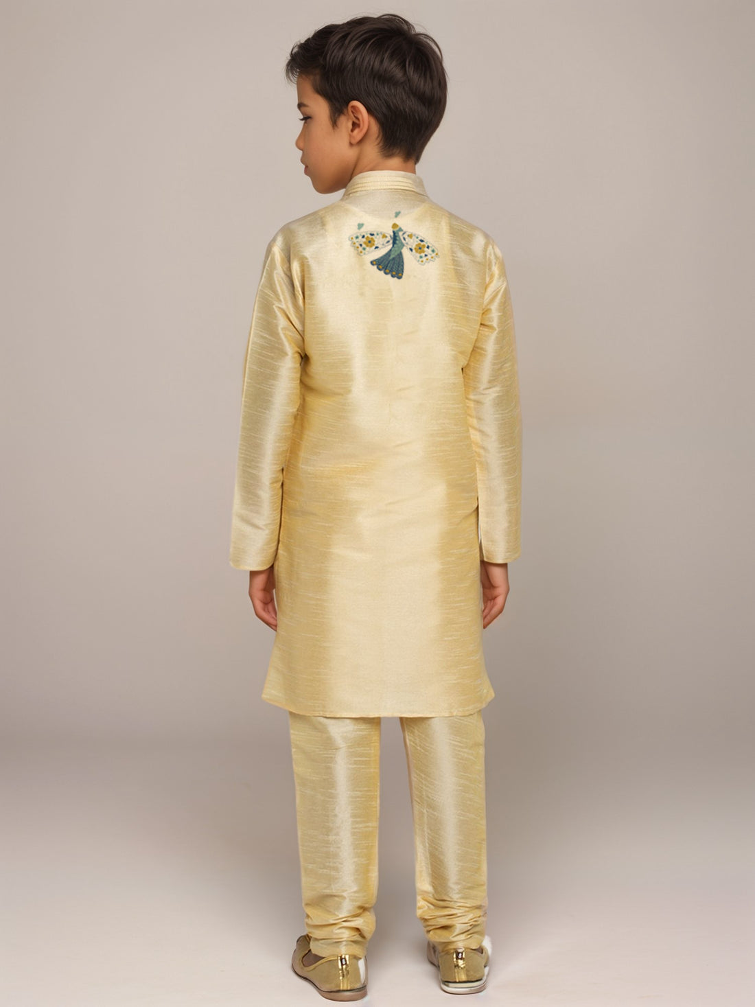 Boys Beige Printed Dupion Silk Kurta