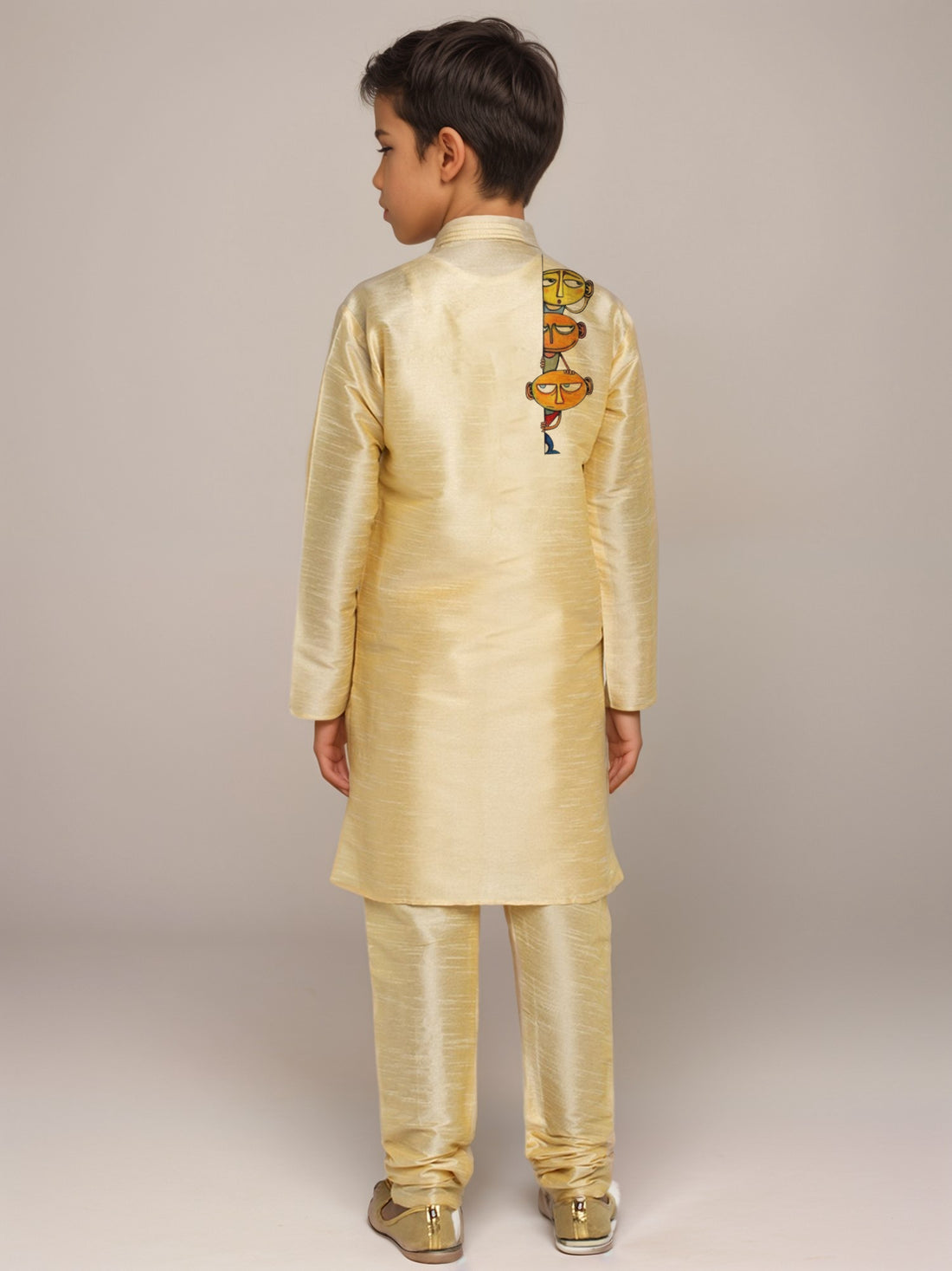 Boys Beige Printed Dupion Silk Kurta