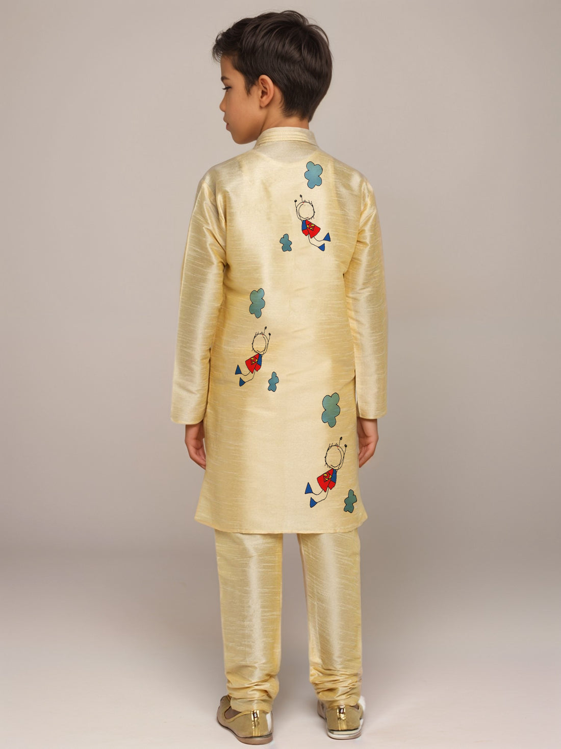 Boys Beige Printed Dupion Silk Kurta