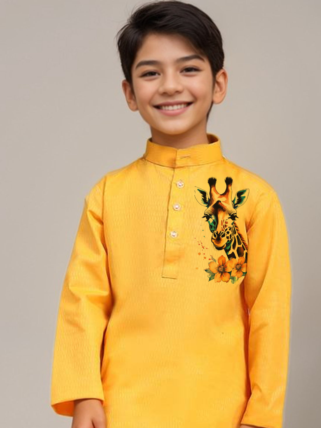 Boys Yellow Cotton Kurta with Print