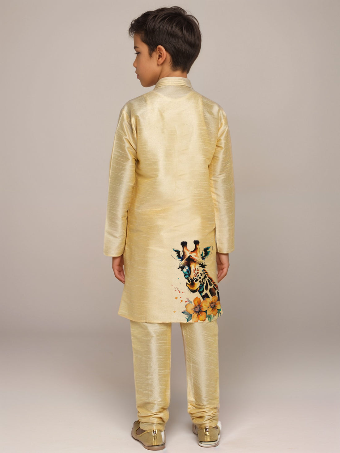 Boys Beige Printed Dupion Silk Kurta