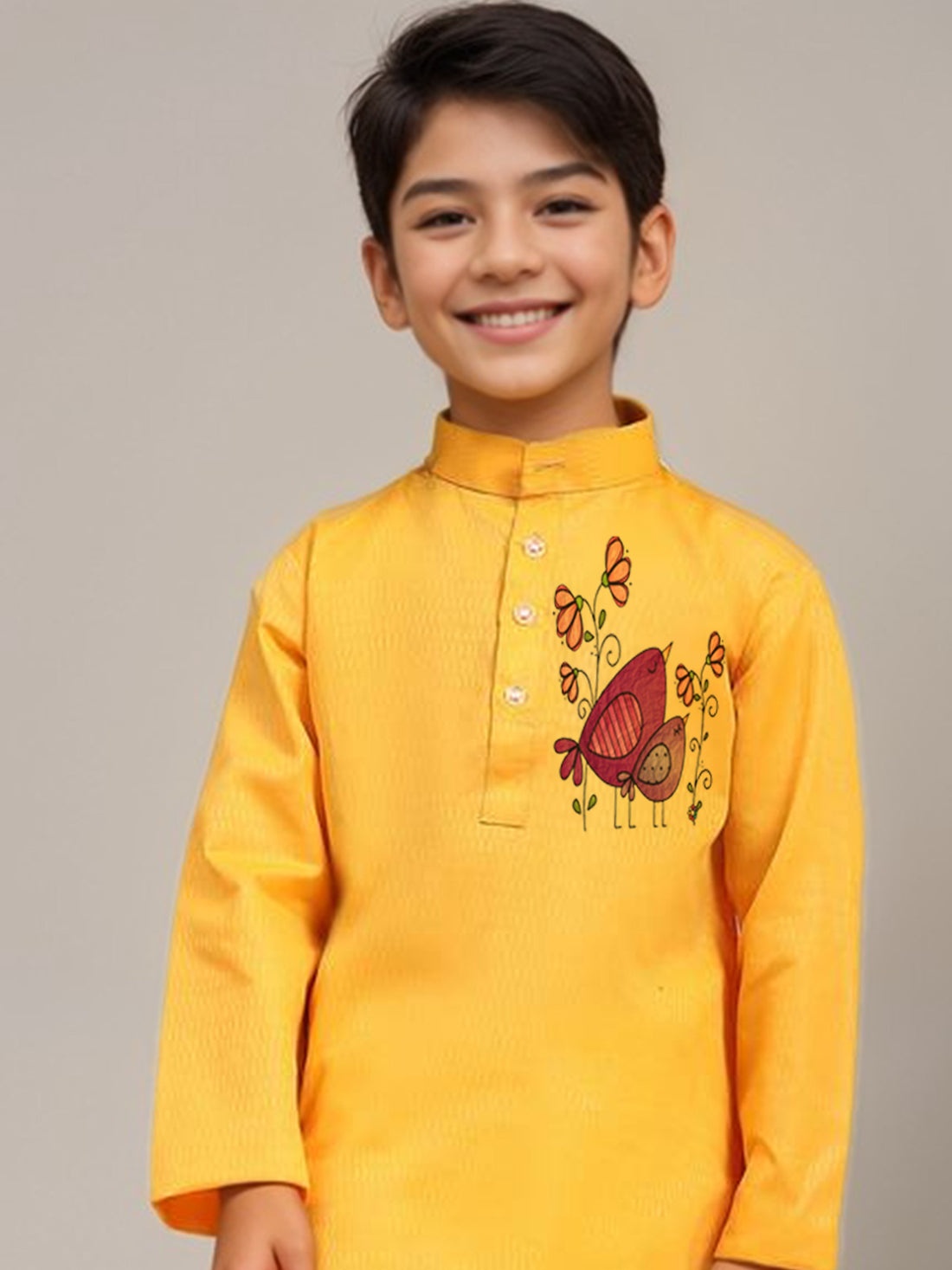 Boys Yellow Cotton Kurta with Print