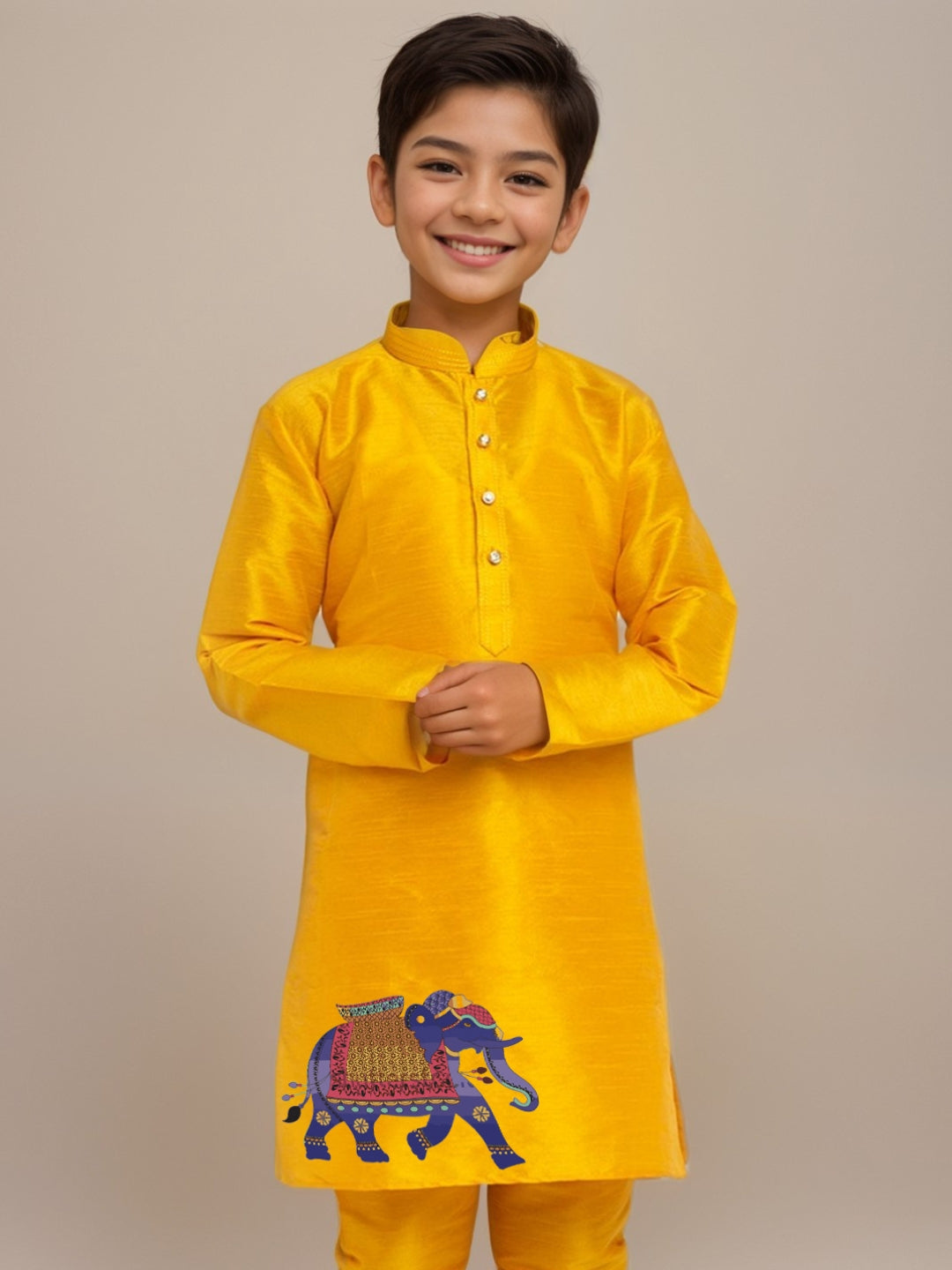 Boys Mustard Printed Dupion Silk Kurta