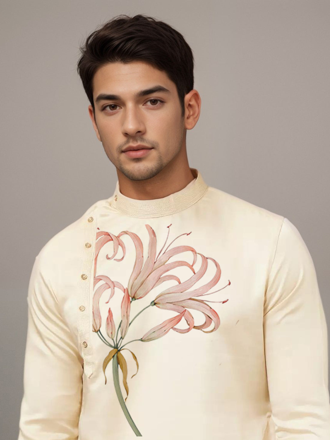 Men's Beige Cotton Kurta With Print