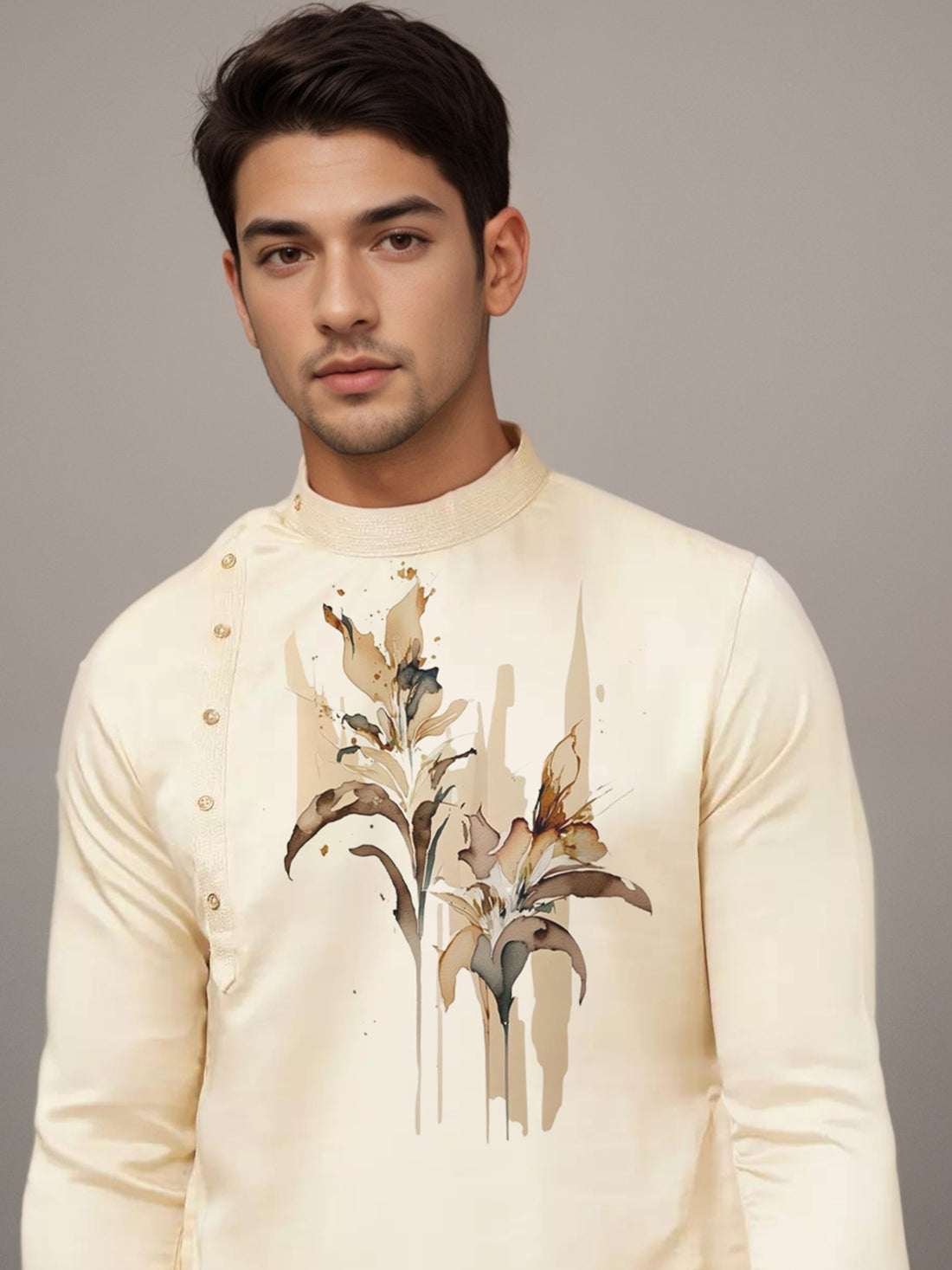 Men's Beige Cotton Kurta With Print