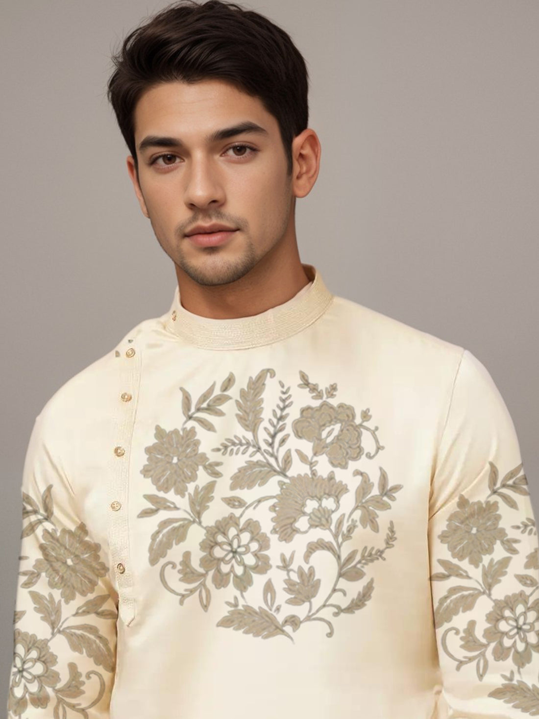 Men's Beige Cotton Kurta With Print