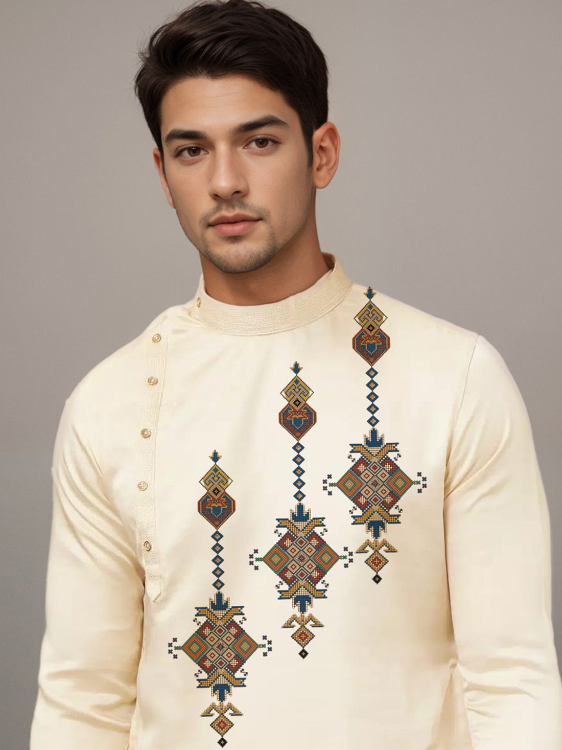 Men's Beige Cotton Kurta With Print