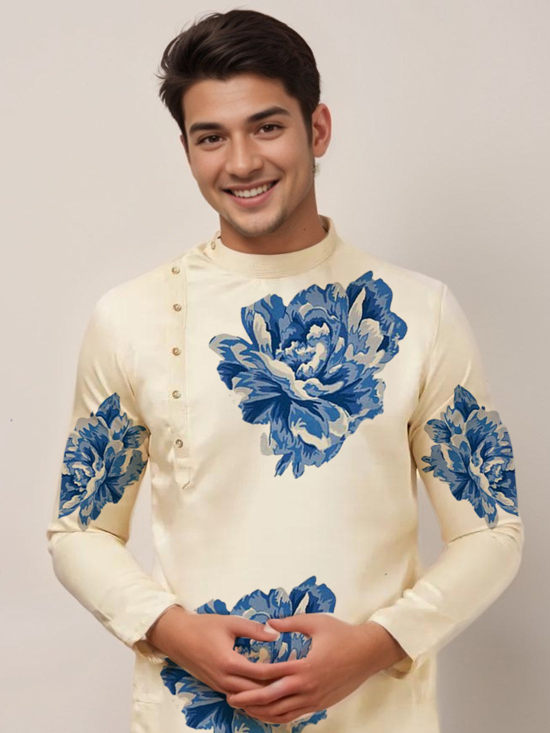 Men's Beige Cotton Kurta With Print