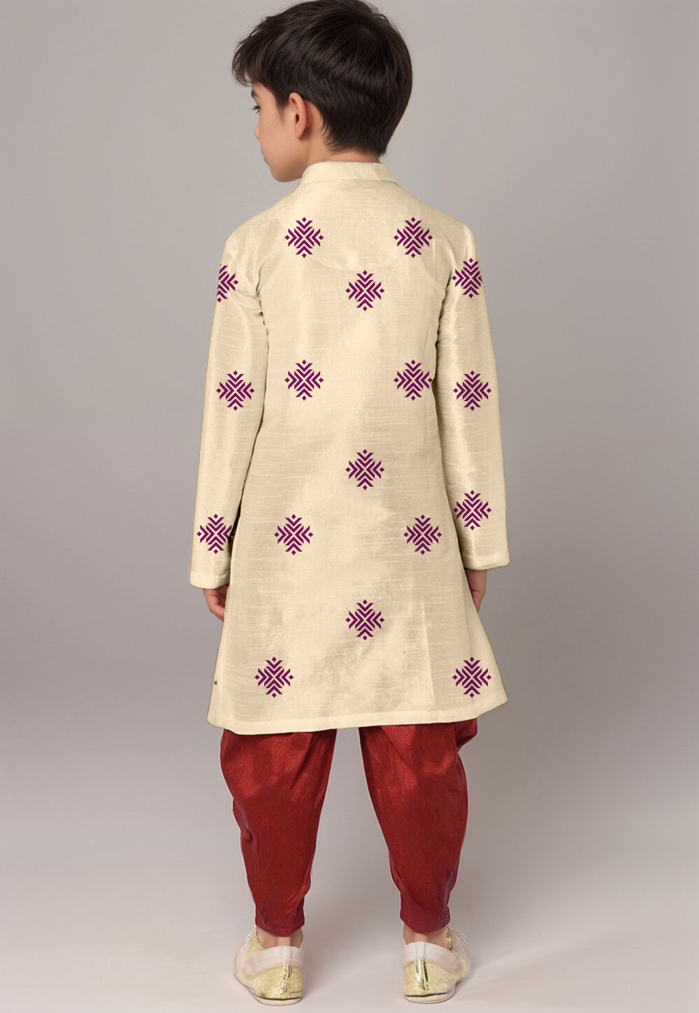 Boys Beige Printed Dupion Silk Kurta