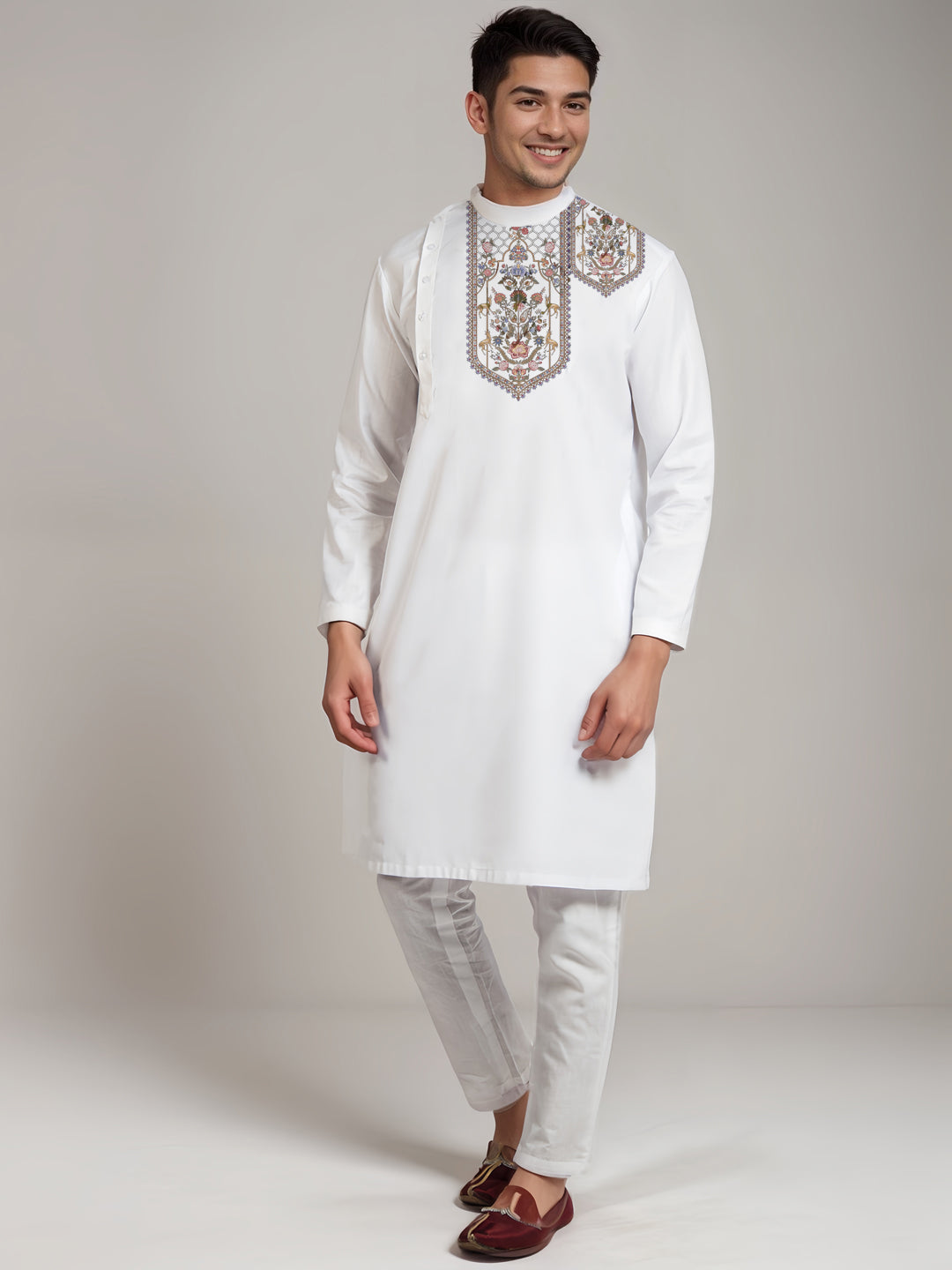 Mens White Printed Kurta