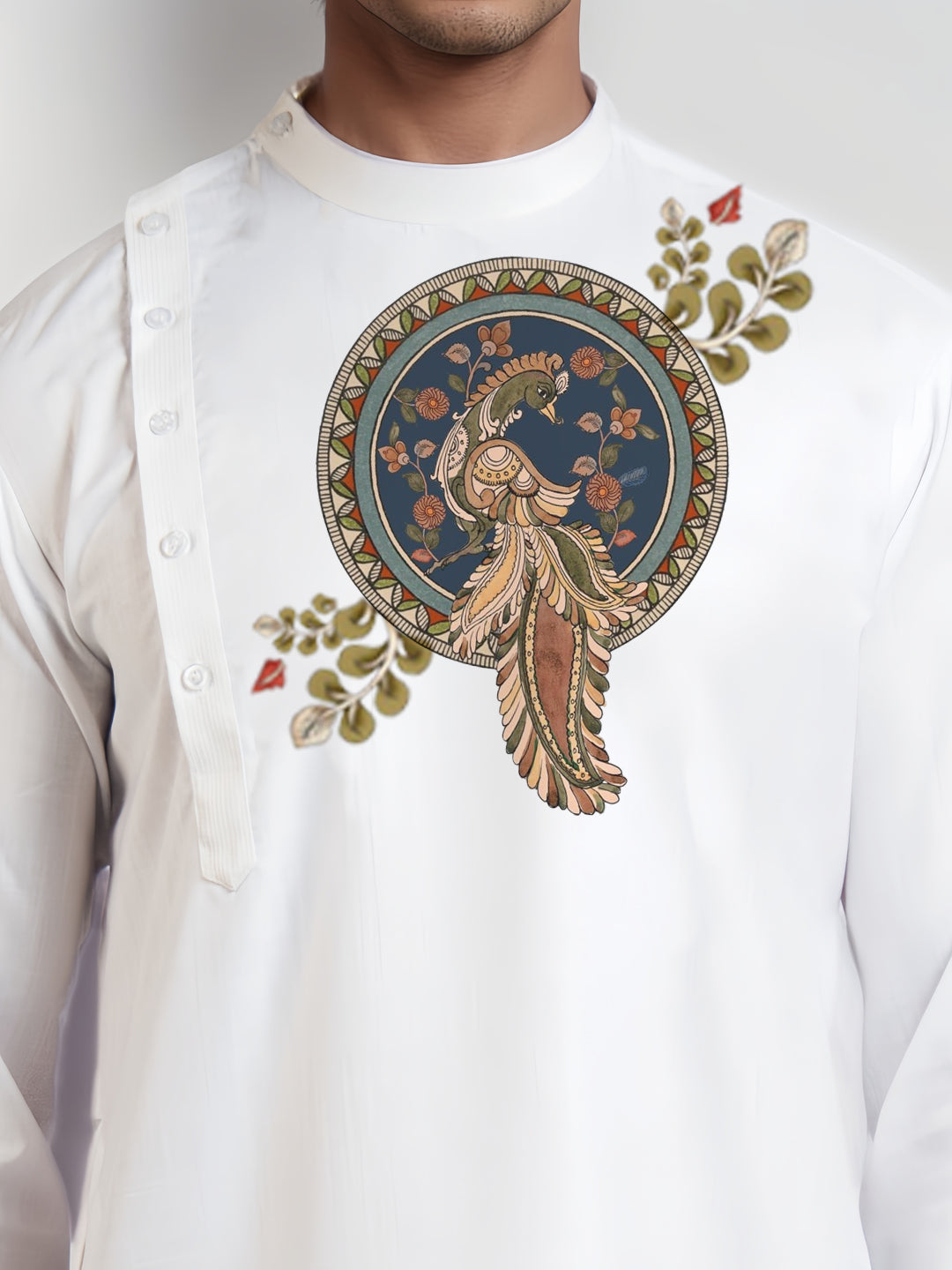 Mens White Printed Kurta