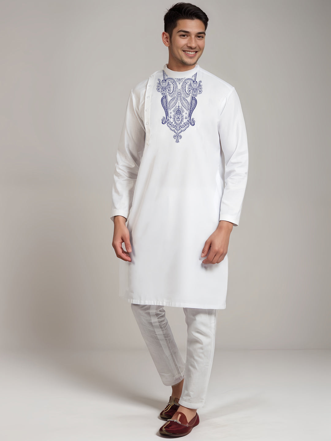 Mens White Printed Kurta