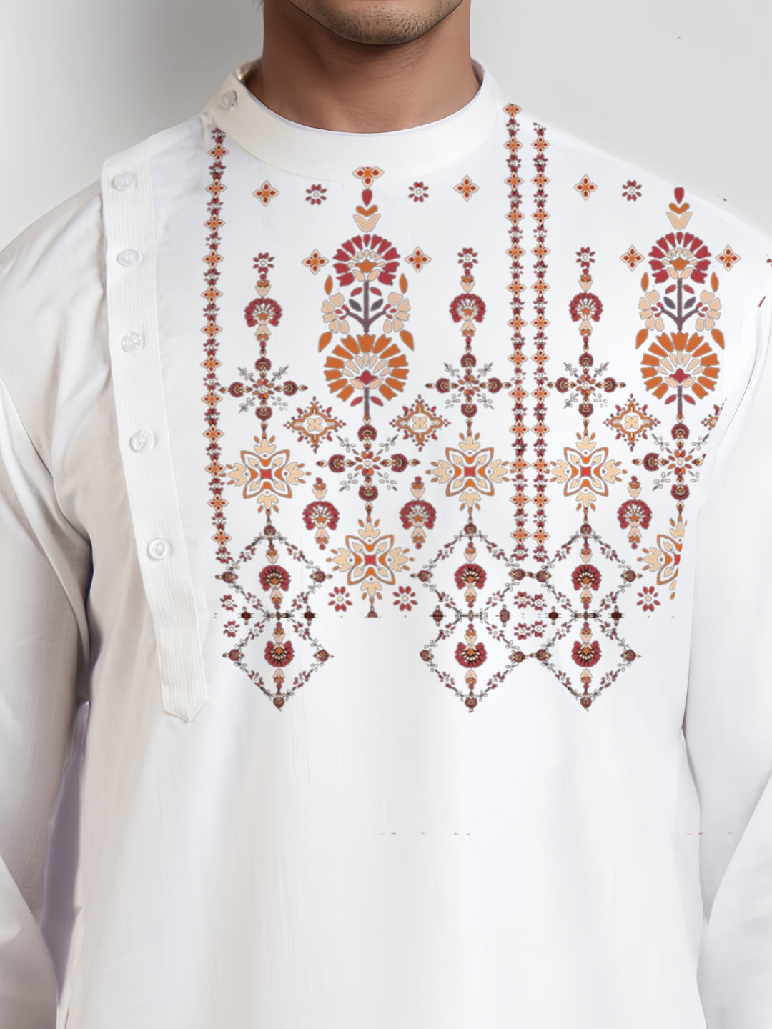 Mens White Printed Kurta