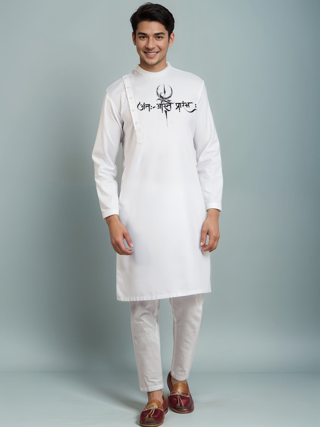 Mens White Printed Kurta