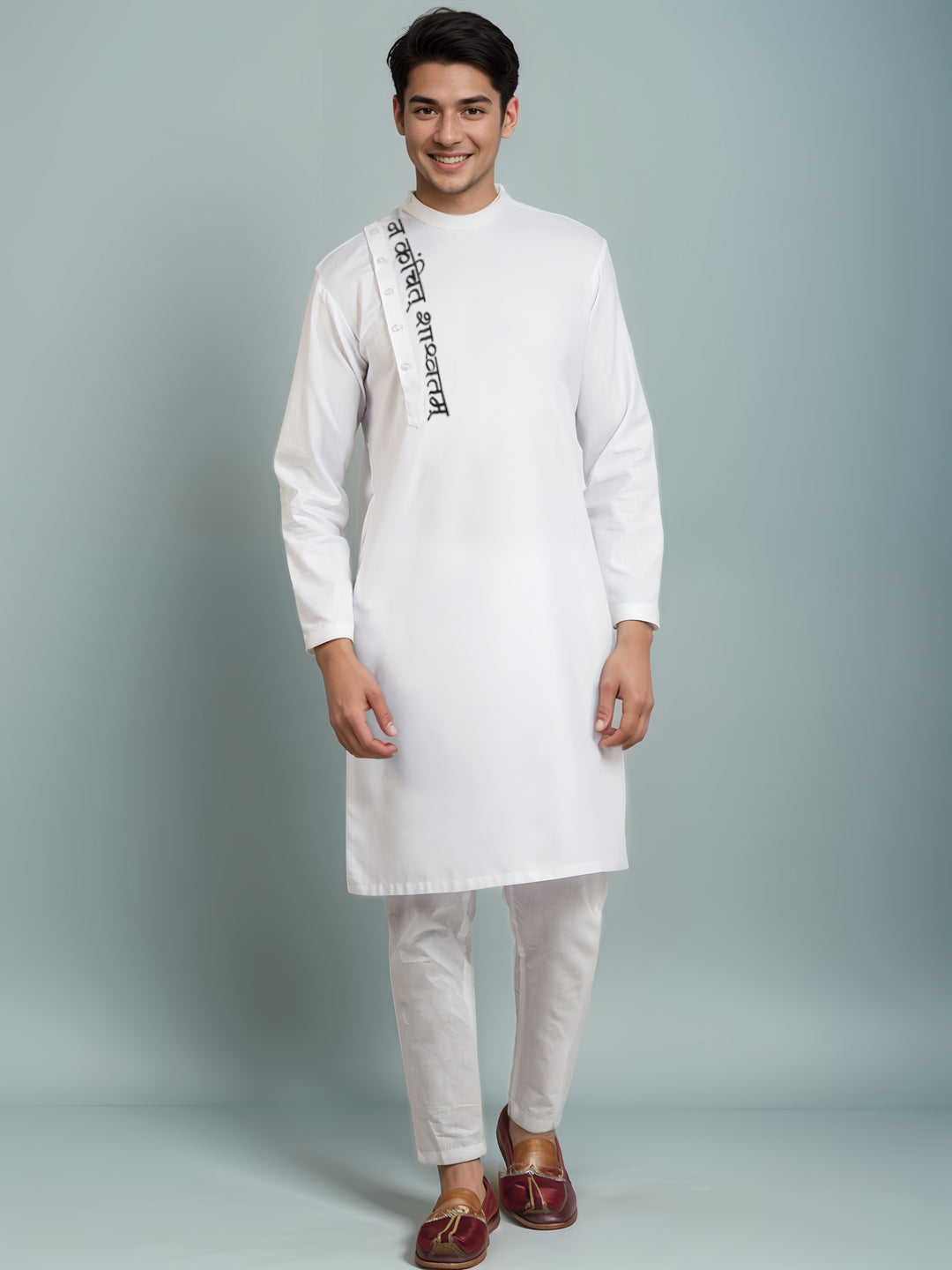 Mens White Printed Kurta